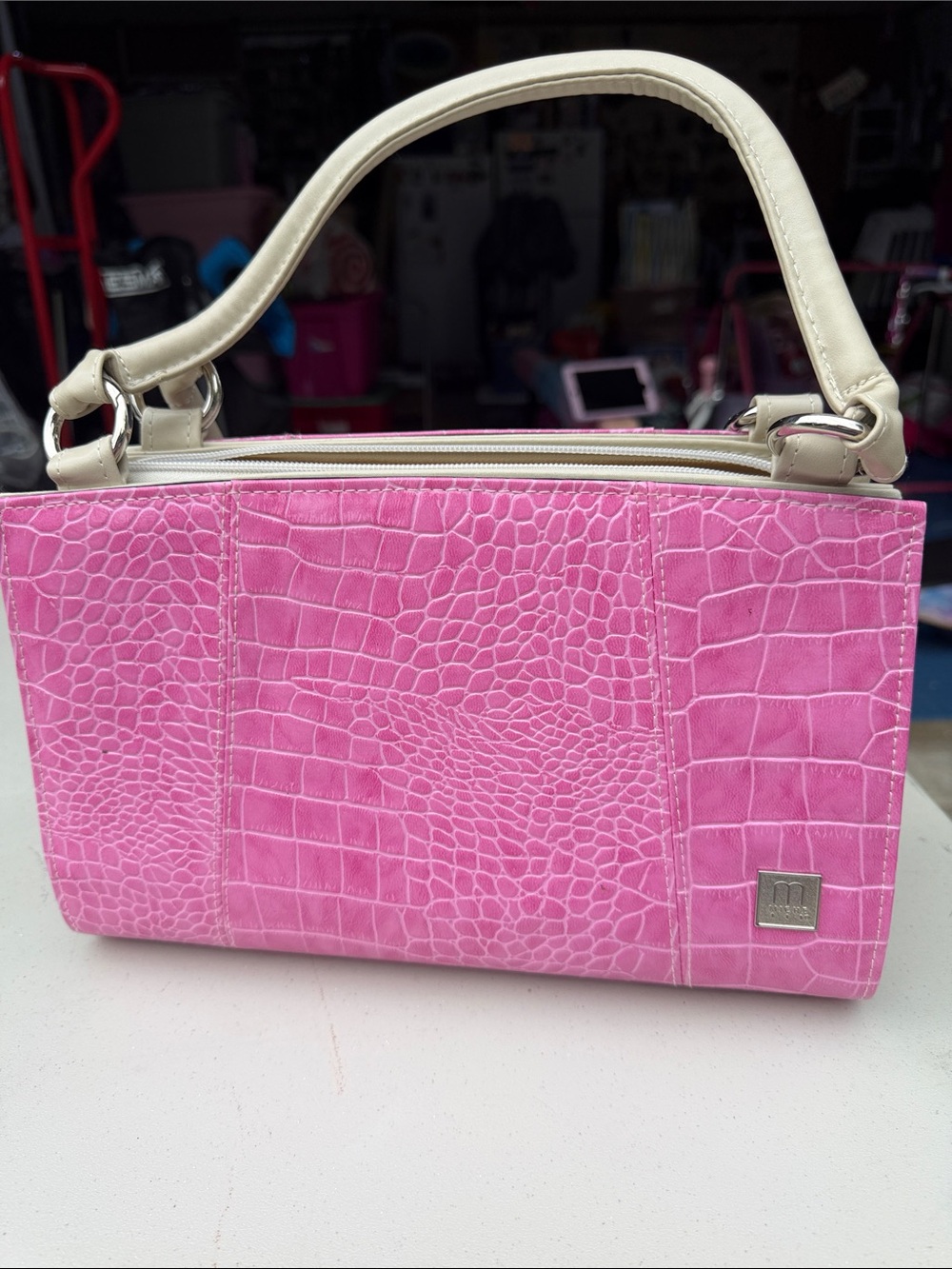 Miche Pink Croc-Embossed Mini Top-Handle Bag with Cream Trim